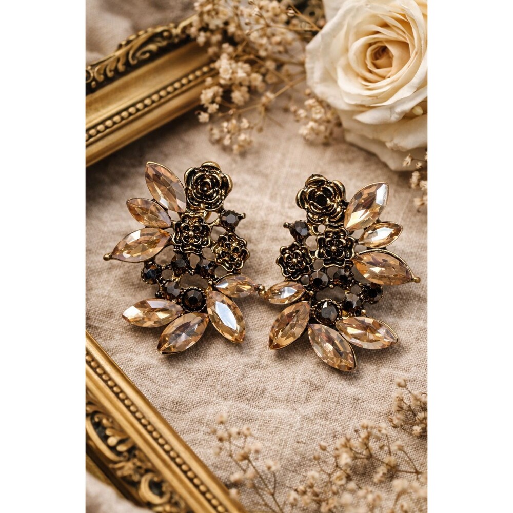 Vintage Champagne Crystal Floral Statement Earrings Gold Tone Romantic Glam 1980
